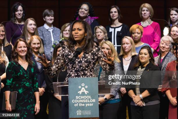 Former First Lady Of the U.S. Michelle Obama presented the 2018 School Counselor of the Year award to Kristen Perry of Chicago, Ill., at the John F....