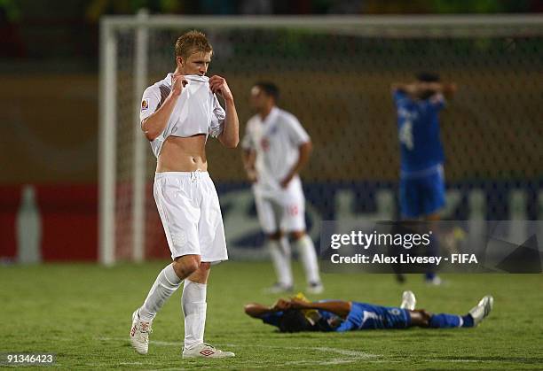 Ben Mee of England looks dejected after the FIFA U20 World Cup Group D match between Uzbekistan and England at the Mubarak Stadium on October 2, 2009...