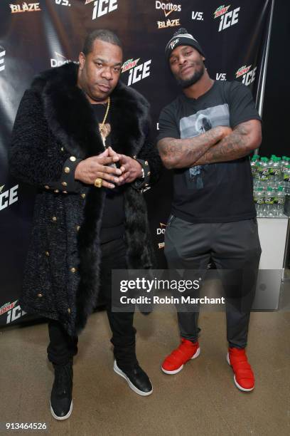 Busta Rhymes and Le'Veon Bell from the Pittsburgh Steelers go head to head with Mtn Dew ICE and Doritos Blaze at the Mall of America on February 2,...