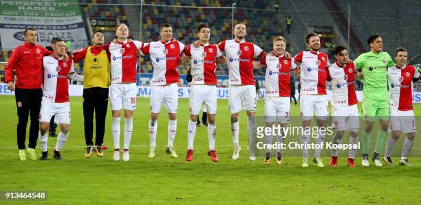 The team of Duesseldorf celebrates after the Second Bundesliga match between Fortuna Duesseldorf and SV Sandhausen at Esprit-Arena on February 2,...