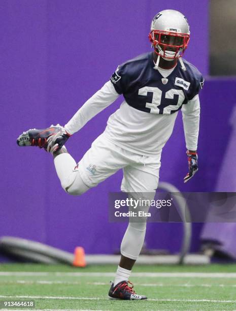 Devin McCourty of the New England Patriots warms up during the New England Patriots practice on February 2,2018 at Winter Park in Eden Prairie,...