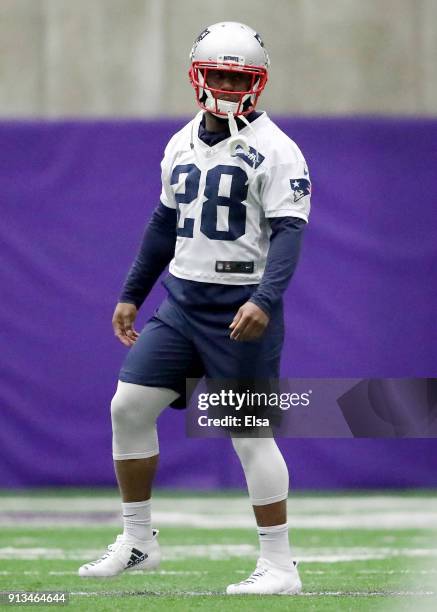 James White of the New England Patriots warms upduring the New England Patriots practice on February 2,2018 at Winter Park in Eden Prairie,...