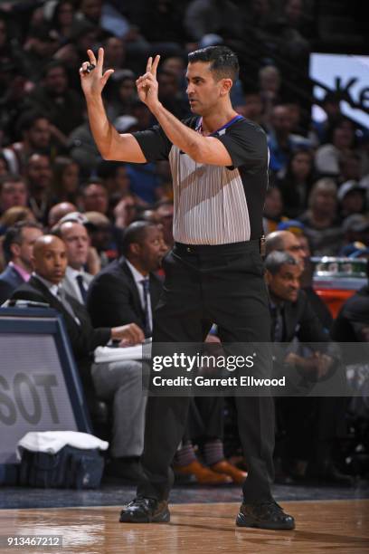 Referee, Zach Zarba makes a call during the Oklahoma City Thunder game against the Denver Nuggets on February 1, 2018 at the Pepsi Center in Denver,...