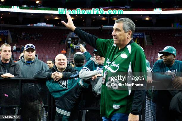 Radio host Angelo Cataldi greats fans during Wing Bowl 26, at the Wells Fargo Center in Philadelphia, PA, on February 2, 2018. The annual chicken...