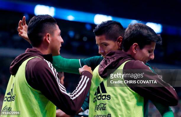 Mexico's Hugo Ayala celebrates with teammates after scoring a goal against Bosnia & Herzegovina and Mexico during a friendly football game at the...