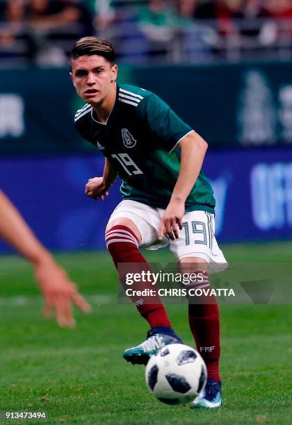 Mexico's Jonathan Gonzalez kicks the ball against Bosnia & Herzegovina during a friendly football game at the Alamodome in San Antonio, Texas on...