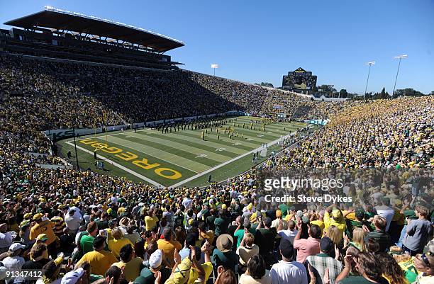 General view as the capacity crowd gets ready for the start of the game against the California Bears at Autzen Stadium on September 26, 2009 in...
