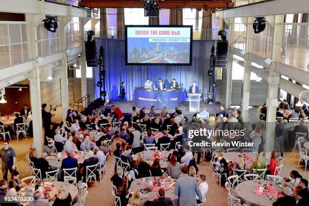 Former NFL player Jerome Bettis, TV personalities Mike Greenberg and Samantha Ponder, NFL player Adam Thielen, and moderator Dave Schwartz speak...