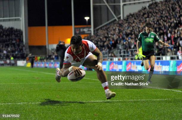 Ben Barba of St Helens scores the first try during the Betfred Super League match between St Helens and Castleford Tigers at Langtree Park on...
