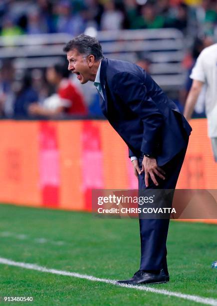 Mexico's head coach Juan Carlos Osoriora reacts as his team plays Bosnia & Herzegovina during a friendly football game at the Alamodome in San...