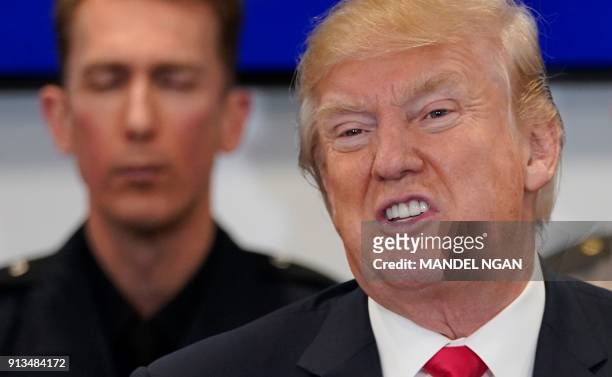 President Donald Trump speaks during a meeting at the Customs and Border Protection National Targeting Center in Sterling, Virginia on February 2,...
