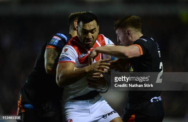 Zeb Taia of St Helens in action during the Betfred Super League match between St Helens and Castleford Tigers at Langtree Park on February 2, 2018 in...