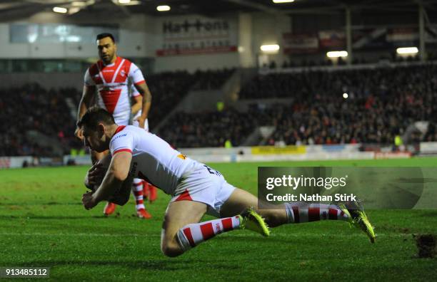 Mark Percival of St Helens scores their fourth try during the Betfred Super League match between St Helens and Castleford Tigers at Langtree Park on...