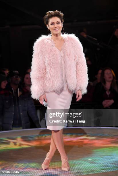 Emma Willis presents during the 2018 Celebrity Big Brother Final at Elstree Studios on February 2, 2018 in Borehamwood, England.