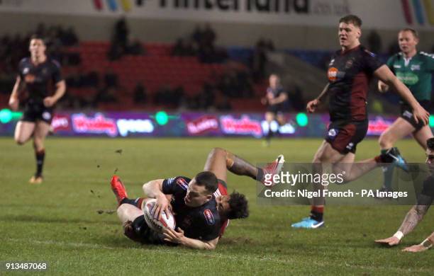 Wigan Warriors Liam Marshall scores his sides fifth try of the game against Salford Red Devils during the Betfred Super League match at the AJ Bell...