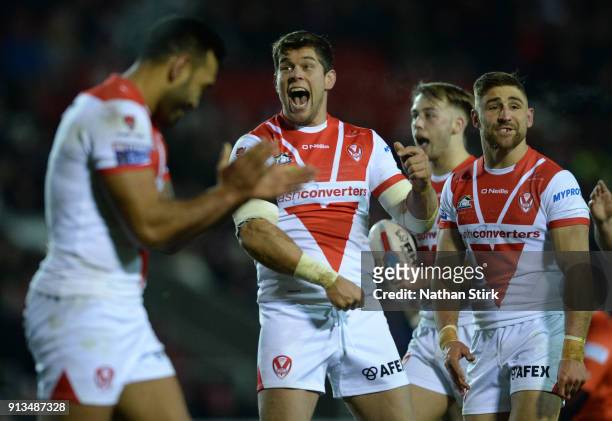 Louie McCarthy-Scarsbrook of St Helens celebrates during the Betfred Super League match between St Helens and Castleford Tigers at Langtree Park on...