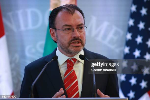 Mexican Foreign Minister Luis Videgaray attends a press conference with US Secretary of State Rex Tillerson and Canada's Foreign Minister Chrystia...