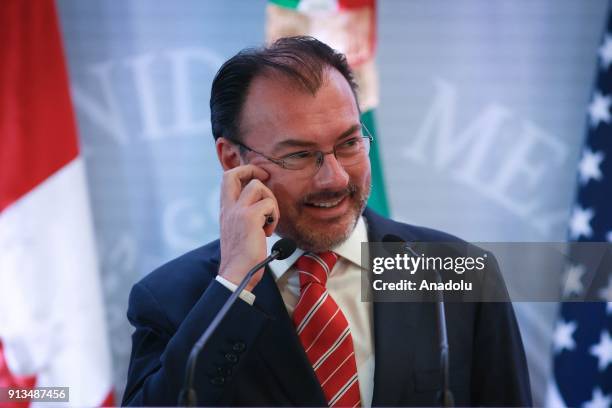 Mexican Foreign Minister Luis Videgaray attends a press conference with US Secretary of State Rex Tillerson and Canada's Foreign Minister Chrystia...