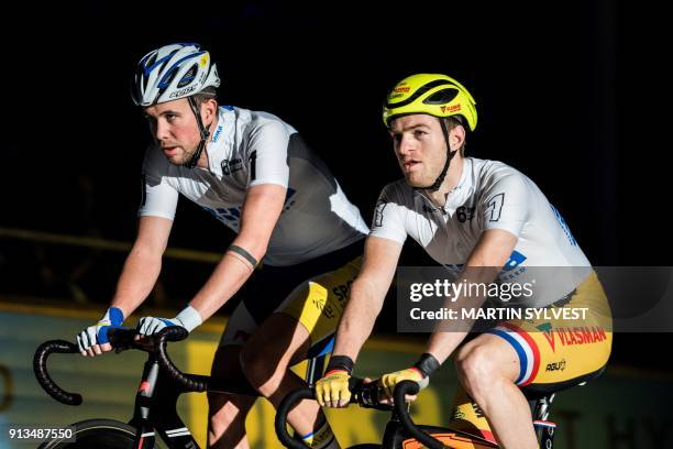 Yoeri Havik of the Netherlands and Moreno De Pauw of Belgium compete during the second day of the 56th Copenhagen 6-day Track Cyckling Race on...