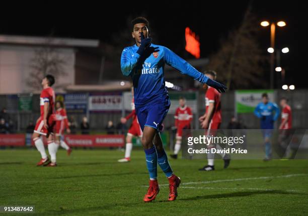 Tyreece John-Jules celebrates scoring Arsenal's 2nd goal during the FA Youth Cup 5th round match between Middlesbrough U18 and Arsenal U18 on...