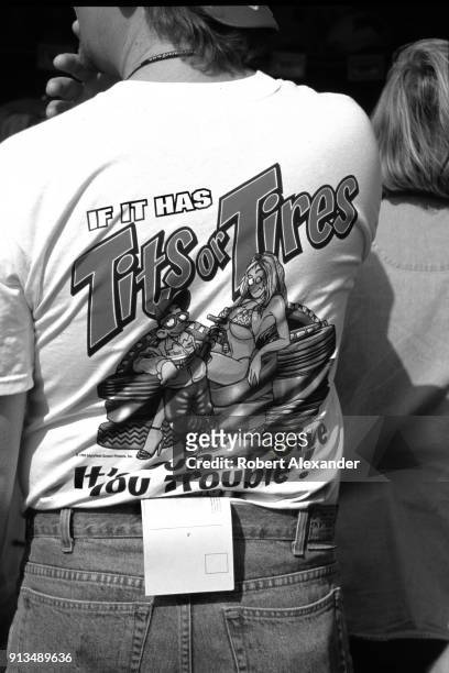Race fan wears a risque novelty T-shirt at the 2003 Daytona 500 stock car race at Daytona International Speedway in Daytona Beach, Florida. The...