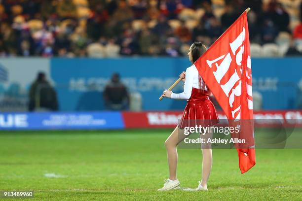 Hull KR cheerleader awaits the start of play during the BetFred Super League match between Hull KR and Wakefield Trinity at KCOM Craven Park on...