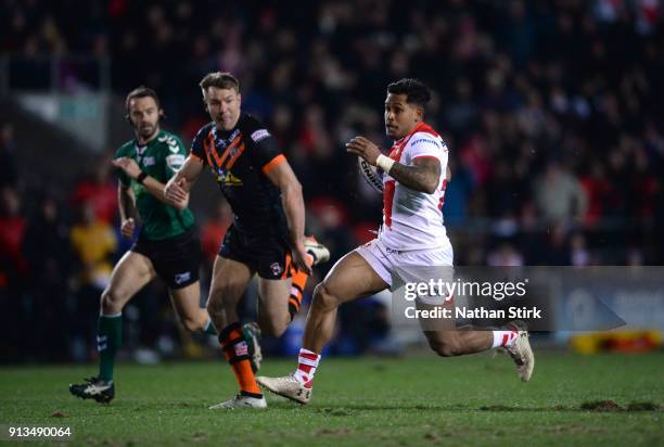 Ben Barba of St Helens breaks free during the Betfred Super League match between St Helens and Castleford Tigers at Langtree Park on February 2, 2018...
