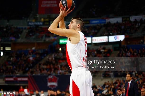 Ognjen Dobric, #13 of Crvena Zvezda mts Belgrade in action during the 2017/2018 Turkish Airlines EuroLeague Regular Season Round 21 game between...