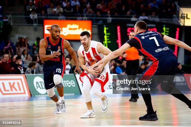 Aylor Rochestie, #22 of Crvena Zvezda mts Belgrade competes with Jayson Granger, #15 of Baskonia Vitoria Gasteiz during the 2017/2018 Turkish...