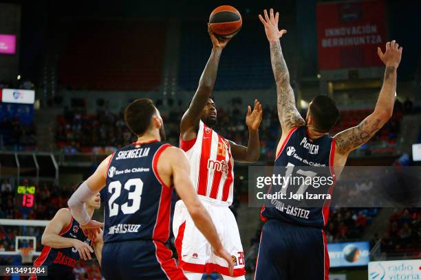 Mathias Lessort, #26 of Crvena Zvezda mts Belgrade in action during the 2017/2018 Turkish Airlines EuroLeague Regular Season Round 21 game between...