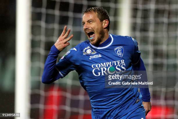 Matteo Brighi of Empoli FC celebrates after scoring a goal during the serie A match between Empoli FC and US Citta di Palermo on February 2, 2018 in...