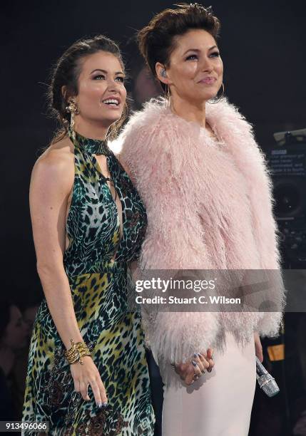 Emma Willis with Jess Impiazzi as she evicted during the 2018 Celebrity Big Brother Final at Elstree Studios on February 2, 2018 in Borehamwood,...