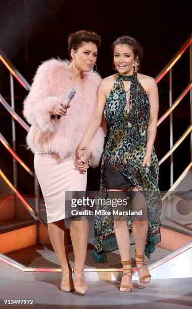 Emma Willis with Jess Impiazzi as she evicted during the 2018 Celebrity Big Brother Final at Elstree Studios on February 2, 2018 in Borehamwood,...