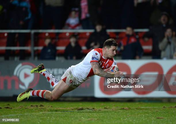 Mark Percival of St Helens scores a try during the Betfred Super League match between St Helens and Castleford Tigers at Langtree Park on February 2,...