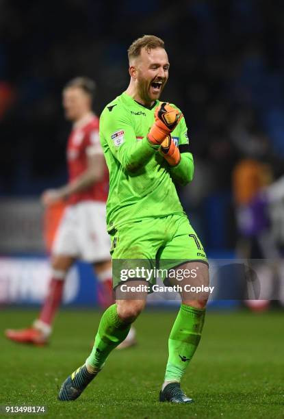 Ben Alnwick of Bolton Wanderers celebrates his teams victory on the fianl whistle during the Sky Bet Championship match between Bolton Wanderers and...