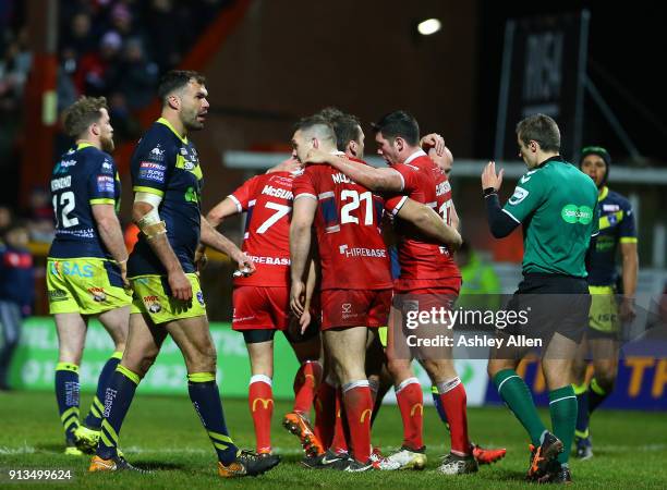 Hull KR celebrate a try during the BetFred Super League match between Hull KR and Wakefield Trinity at KCOM Craven Park on February 2, 2018 in Hull,...