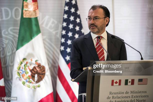 Luis Videgaray, Mexico's foreign minister, speaks during a joint press conference with Rex Tillerson, U.S. Secretary of State, and Chrystia Freeland,...