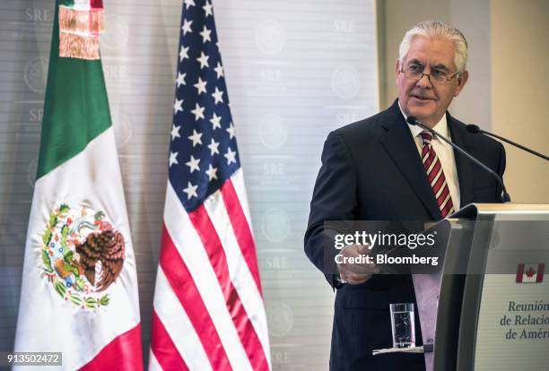 Rex Tillerson, U.S. Secretary of State, speaks during a joint press conference with Luis Videgaray, Mexico's foreign minister, and Chrystia Freeland,...