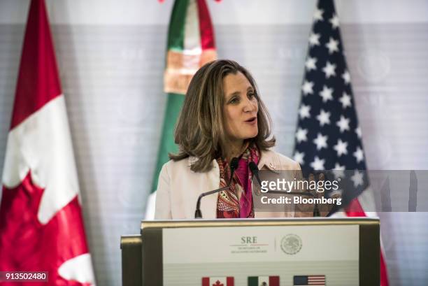 Chrystia Freeland, Canada's minister of foreign affairs, speaks during a joint press conference with Rex Tillerson, U.S. Secretary of State, and Luis...