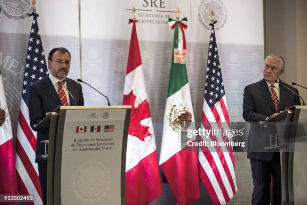 Luis Videgaray, Mexico's foreign minister, left, speaks during a joint press conference with Rex Tillerson, U.S. Secretary of State, right, and...