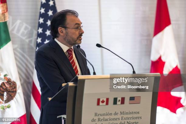 Luis Videgaray, Mexico's foreign minister, speaks during a joint press conference with Rex Tillerson, U.S. Secretary of State, and Chrystia Freeland,...