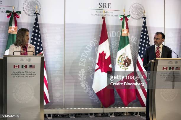 Chrystia Freeland, Canada's minister of foreign affairs, left, speaks during a joint press conference with Luis Videgaray, Mexico's foreign minister,...