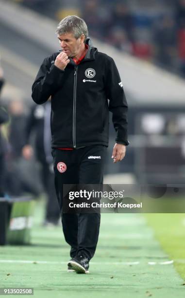 Head coach Friedhelm Funkel of Duesseldorf reacts during the Second Bundesliga match between Fortuna Duesseldorf and SV Sandhausen at Esprit-Arena on...