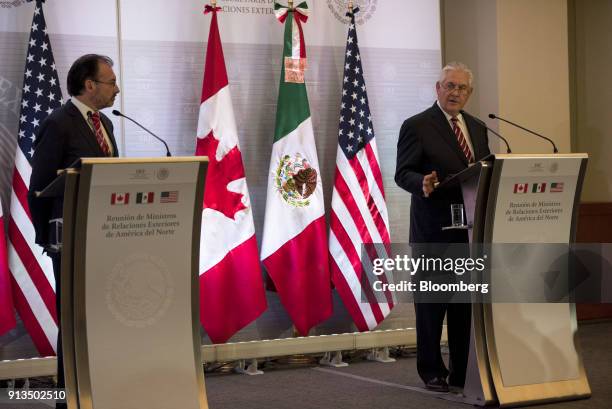 Rex Tillerson, U.S. Secretary of State, right, speaks during a joint press conference with Luis Videgaray, Mexico's foreign minister, left, and...