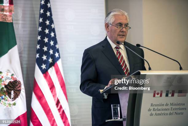 Rex Tillerson, U.S. Secretary of State, speaks during a joint press conference with Luis Videgaray, Mexico's foreign minister, and Chrystia Freeland,...