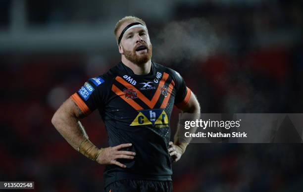 Junior Moors of Castleford Tigers looks on during the Betfred Super League match between St Helens and Castleford Tigers at Langtree Park on February...