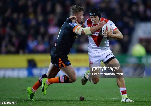 Jonny Lomax of St Helens in action during the Betfred Super League match between St Helens and Castleford Tigers at Langtree Park on February 2, 2018...