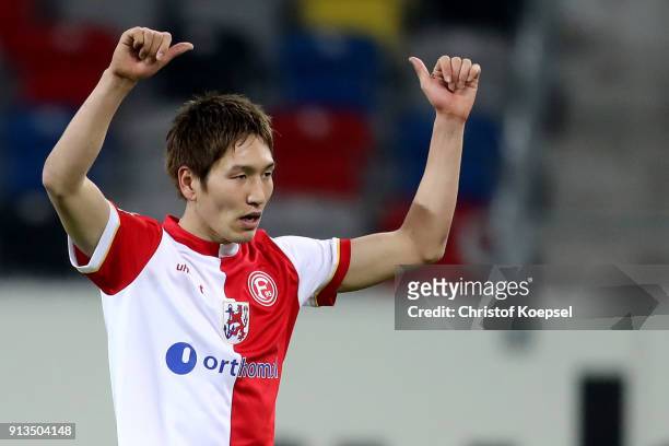 Genki Haraguchi of Duesseldorf reacts during the Second Bundesliga match between Fortuna Duesseldorf and SV Sandhausen at Esprit-Arena on February 2,...