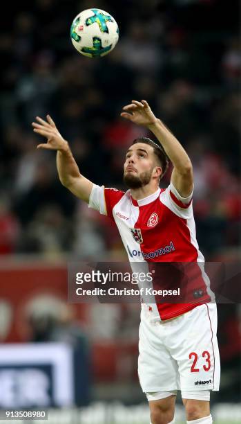 Niko Giesselmann of Duesseldorf does a throw-in during the Second Bundesliga match between Fortuna Duesseldorf and SV Sandhausen at Esprit-Arena on...