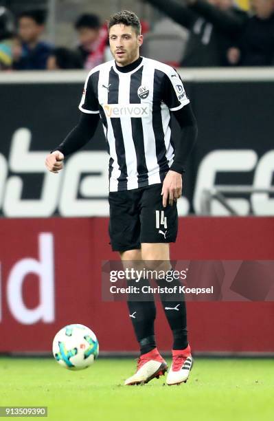 Tim Kister of Sandhausen runs with the ball during the Second Bundesliga match between Fortuna Duesseldorf and SV Sandhausen at Esprit-Arena on...